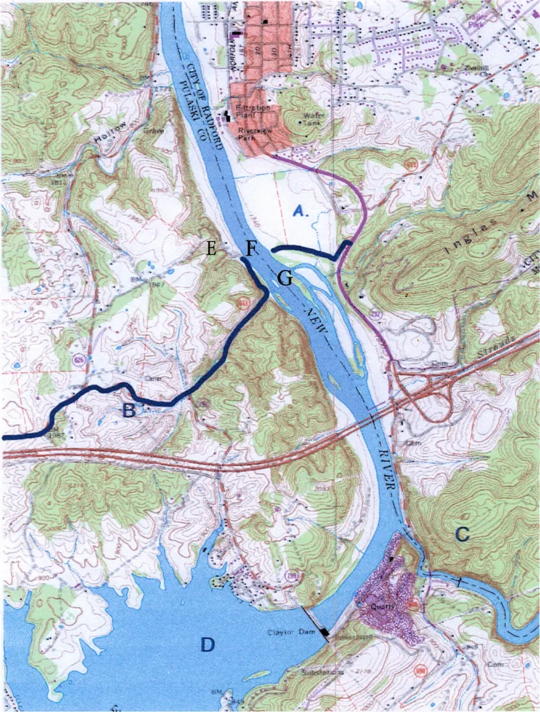 A – Ingles House B – Wilderness Road C – Mouth of Little River D – Claytor Lake & Dunkard’s Bottom E – Ingles Inn & Tavern F – Ingles Ferry G – ford